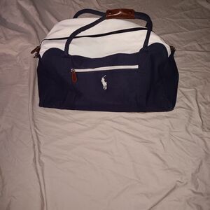 Vintage Ralph Lauren Duffle Bag Leather Accent Logo Blue & White Fashion Women's